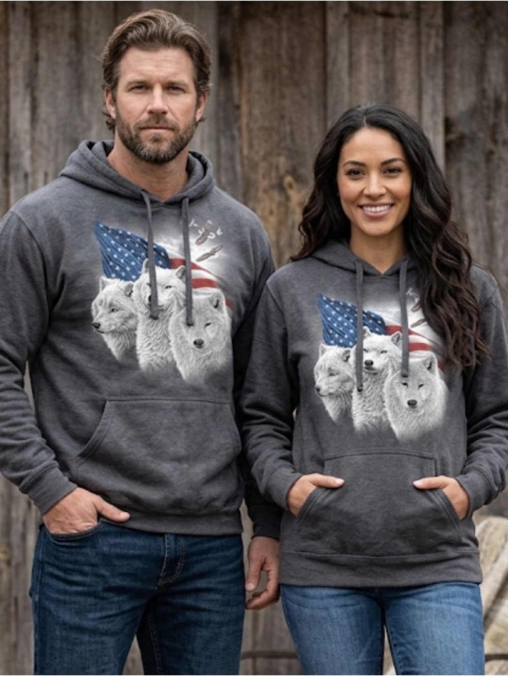 The Mountain Charcoal Hoodie with Wolf and Flag Design